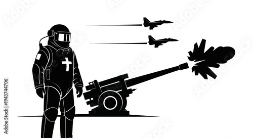 Astronaut firing cannon with jets flying overhead