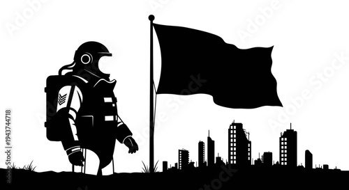 Astronaut plants flag on desolate city skyline, post-apocalyptic exploration