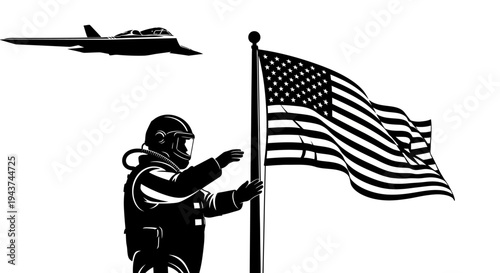 Astronaut Raising American Flag with Stealth Jet Flying Overhead