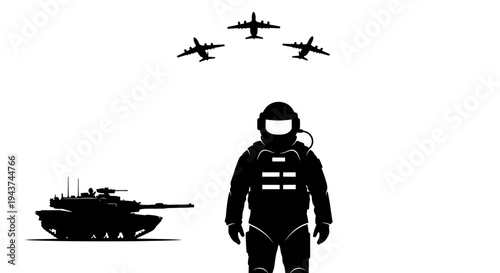 Astronaut Standing Next to Tank with Airplanes Flying Overhead