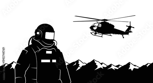 Astronaut standing in front of mountains with helicopter flying overhead, black and white