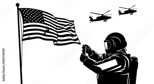 Astronaut with American Flag and Helicopters, Space Exploration and Patriotism