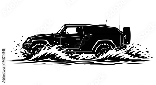Black Armored SUV Driving Through Water Splash, Off-Road Adventure