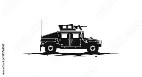 Black Silhouette of a Humvee Military Vehicle with Mounted Machine Gun on White Background