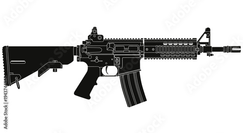 Black Silhouette of an Assault Rifle, Modern Military Weapon, Tactical Firearm