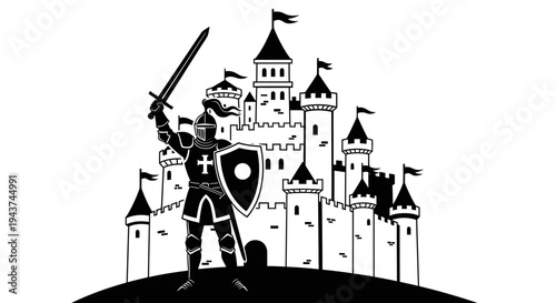 Brave Knight with Sword and Shield in Front of Majestic Castle
