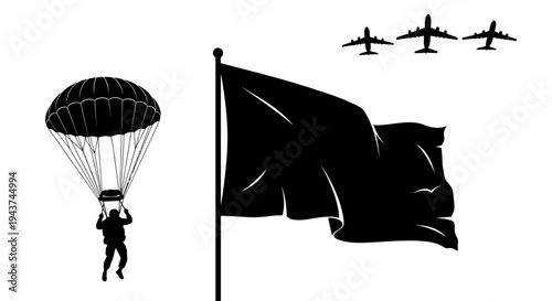 Black Silhouette of Parachutist, Waving Flag, and Airplanes on White Background