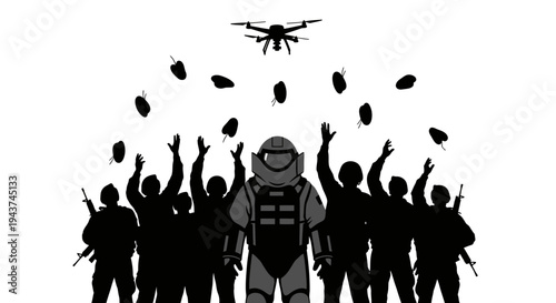 Drone Drops Bombs on Soldiers in Tactical Gear, Military Operation