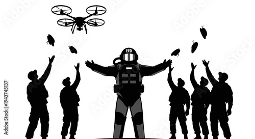 Drone drops supplies to bomb squad robot in hazmat suit, teamwork, safety