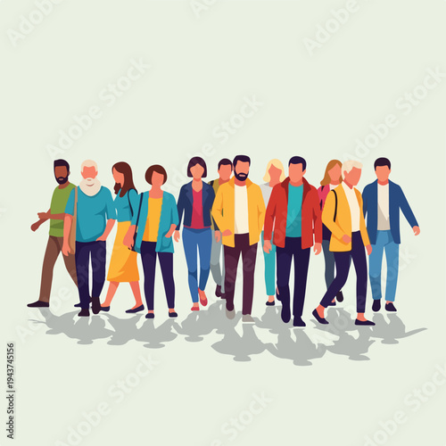 A diverse group of people walk in the same direction with shadows