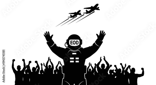 EOD hero celebrated by crowd, jets fly overhead in silhouette