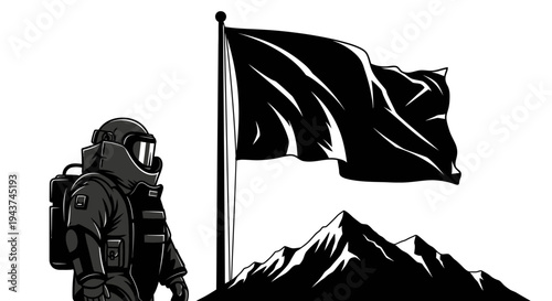 Hazmat Suit Figure Stands Guard Beside Black Flag on Mountain Peak
