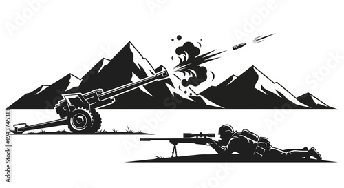 Military artillery firing a shell with a sniper aiming in mountainous terrain, black and white illustration