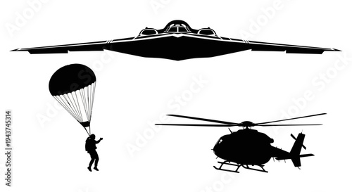 Military Aircraft, Helicopter, and Parachutist Silhouette - Airborne Operations