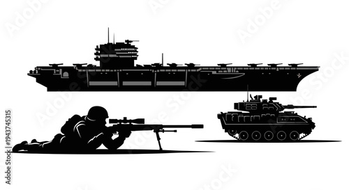 Military Aircraft Carrier, Tank, and Sniper Silhouette - War and Defense Concept