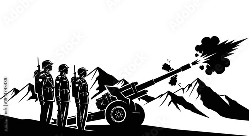 Military artillery firing in mountainous terrain with soldiers