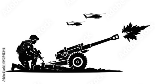 Military Artillery Firing with Helicopters in Sky - Silhouette