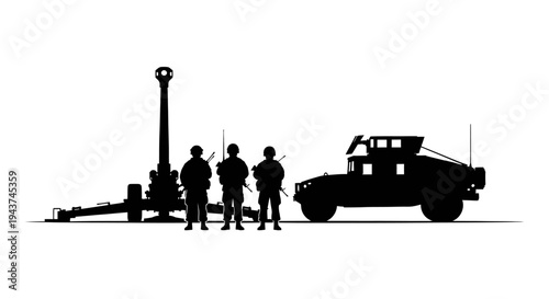 Military Artillery Gun, Soldiers, and Humvee Silhouette - Combat Ready