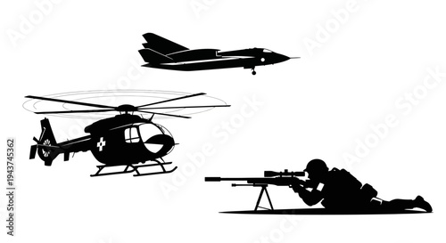 Military Assault: Helicopter, Jet Fighter, and Sniper Silhouette on White Background