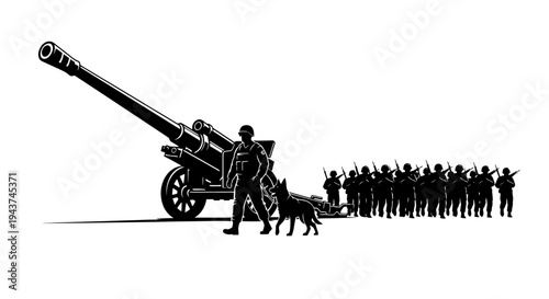 Military Artillery Unit with Soldiers and Dog, War Concept