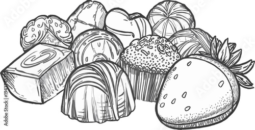An assortment of gourmet chocolates and truffles, hand-drawn in a detailed sketch style, showcasing various shapes and textures.