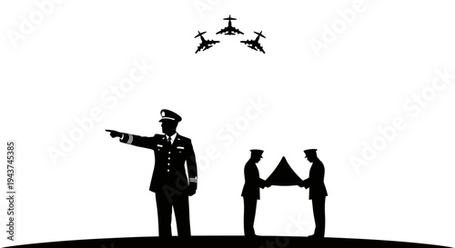 Military Ceremony: General Directs Honor Guard Presenting Flag with Fighter Jets Flying Overhead