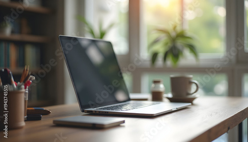 Open Laptop on Wooden Desk in Bright Home Office with Plants and Coffee Mug
