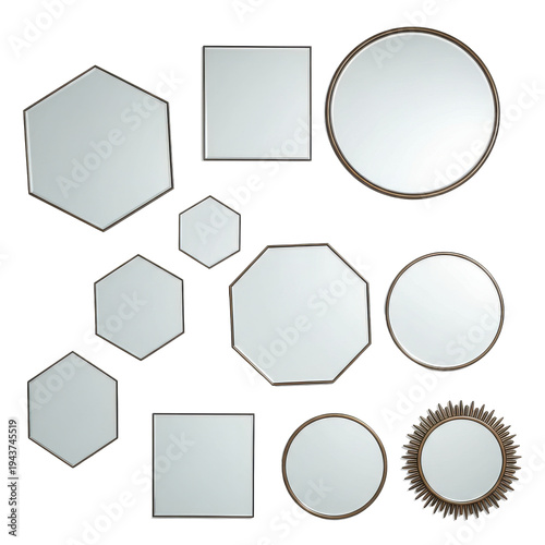 Collection of Decorative Mirrors with Varied Shapes and Bronze Frames isolated on white background