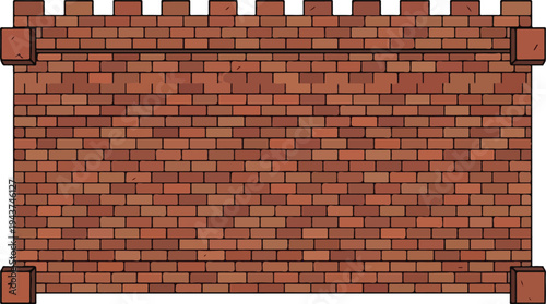 A weathered brick wall, reminiscent of ancient fortifications, adorned with cornerstones and a crenellated parapet