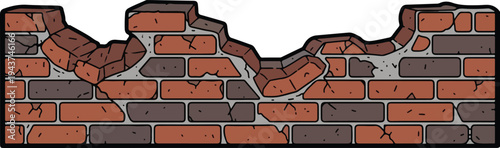 Damaged brick wall with missing bricks and cracks, illustration of weathered construction
