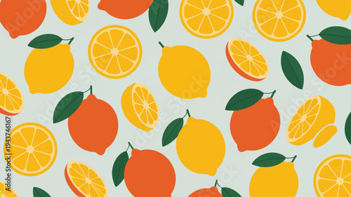 Vibrant citrus fruit pattern with oranges lemons and leaves on light background fresh and colorful seamless design