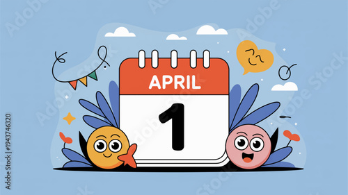 April 1st calendar page with cute cartoon characters and festive decorations on blue background