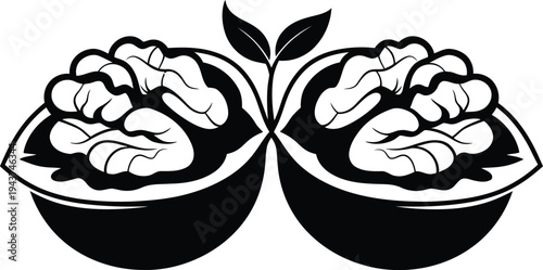 A black and white illustration of two walnuts cracked open with leaves sprouting from the top.