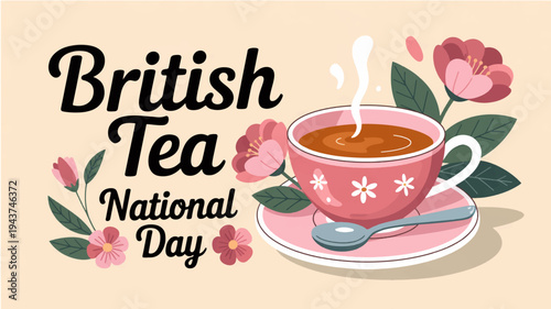 British tea national day celebration with pink tea cup and flowers on beige background