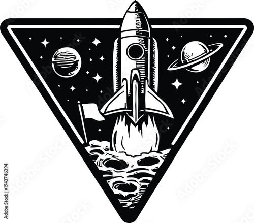 A rocket ship blasts off into the night sky with celestial bodies and a flag waving.