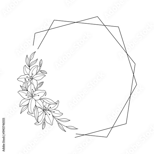 Lily floral polygon hand drawn style. Floral black and white frames of twigs, leaves and flowers. Frames for Valentine’s Day, wedding decor, logo and identity template.