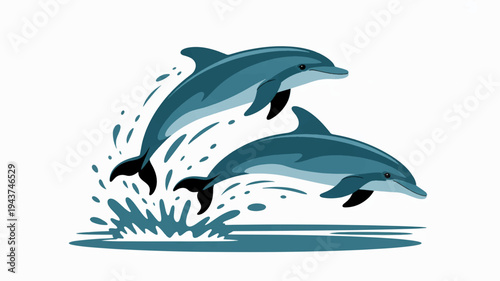 Two dolphins jumping out of water in playful motion with splashes around them in ocean