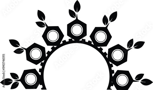 A black illustration of a gear archway adorned with hexagons and leaves on a white background.