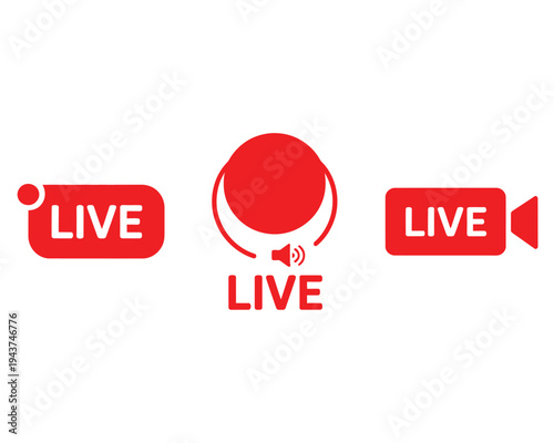 Three distinct icons indicating live streaming for audio, video, and general content isolated on transparent background, Vector