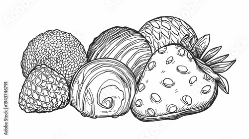Hand-drawn sketch illustration of various fruits and confectionery items like strawberries and truffles.