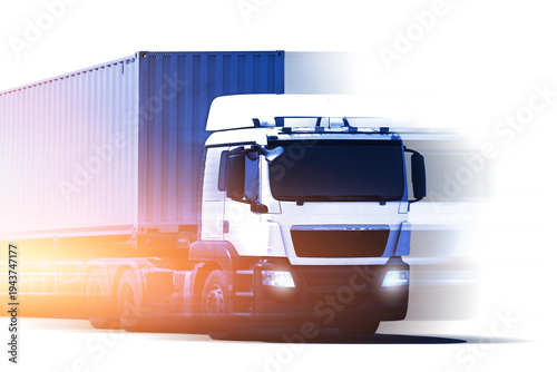 Fast Speed of Semi Trailer Truck Driving on The Road. Big rig. Shipping Cargo Container. Economical Transportation Business. Economy Business Transport on Road. Trucking. Truck Logistics.	
