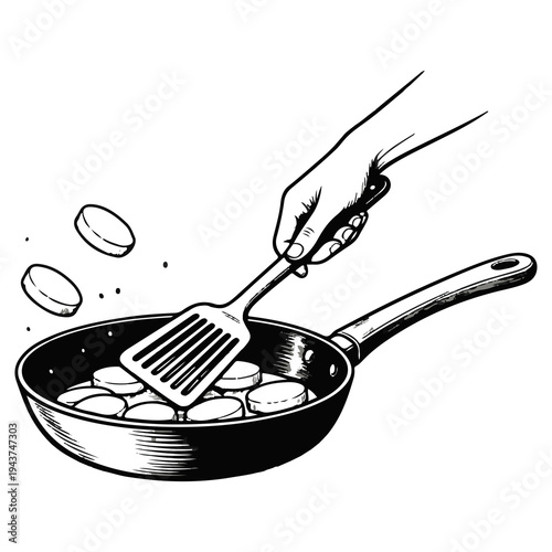Cooking frying pan with food and spatula doodle icon outline style vector illustration