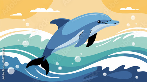 Dolphin jumping out of ocean waves with sunset background swimming free in sea