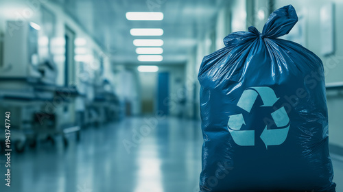 Recycling bag in hospital corridor symbolizing medical waste