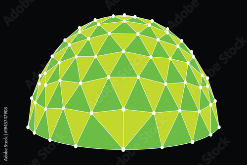 A 3d geometric dome structure composed of green and yellow triangles on a black background