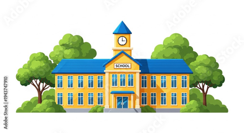 Yellow School Building with Clock Tower.