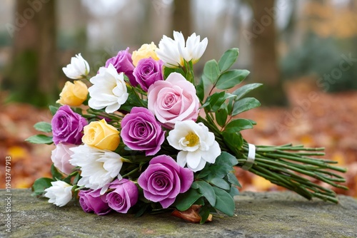Colorful rose and freesia flower bouquet on stone