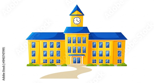 Yellow School Building with Clock Tower.
