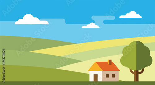 A geometric illustration of a rural scene featuring a house and tree