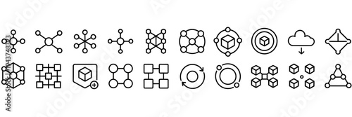 A set of 20 black and white line representing various network and technology concepts
